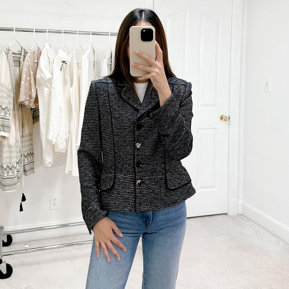 St. John Evening Metallic Knit Floral Button Front Jacket in Black and Silver